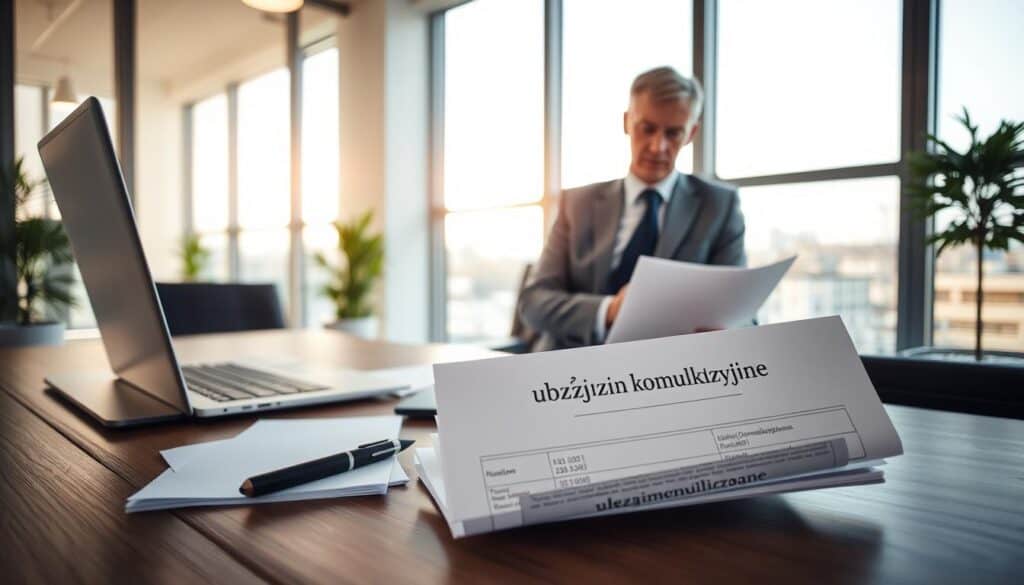 A professional office environment with a bright and modern aesthetic. In the foreground, a neatly organized desk with a laptop, a notepad, and various insurance documents titled "ubezpieczenie komunikacyjne." In the middle ground, a confident business professional in formal attire, a middle-aged man analyzing the documents thoughtfully. The background features large windows letting in natural light, casting a soft glow across the room, and a subtle cityscape visible outside. The mood is focused and meticulous, suggesting preparation and expertise in insurance valuation. Use a wide-angle lens to capture the depth of the setting, ensuring the image conveys a sense of professionalism and diligence.