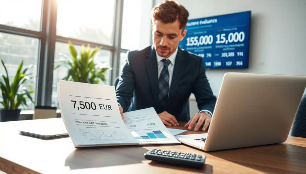 A professional office scene illustrating the concept of car insurance evaluations. In the foreground, a business professional in smart attire is analyzing two contrasting documents, one showing a valuation of 7,500 EUR and the other 15,000 EUR, displayed prominently on the desk. The middle ground features a laptop open with charts and graphs related to insurance data, while a sophisticated calculator lies nearby. In the background, a wall-mounted screen displays relevant statistics on insurance rates and policies. The lighting is bright and clear, simulating a daytime office atmosphere, with sunlight streaming through a large window, creating a productive and focused mood. The overall composition conveys professionalism and decision-making in insurance evaluations. A professional office scene illustrating the concept of car insurance evaluations. In the foreground, a business professional in smart attire is analyzing two contrasting documents, one showing a valuation of 7,500 EUR and the other 15,000 EUR, displayed prominently on the desk. The middle ground features a laptop open with charts and graphs related to insurance data, while a sophisticated calculator lies nearby. In the background, a wall-mounted screen displays relevant statistics on insurance rates and policies. The lighting is bright and clear, simulating a daytime office atmosphere, with sunlight streaming through a large window, creating a productive and focused mood. The overall composition conveys professionalism and decision-making in insurance evaluations.