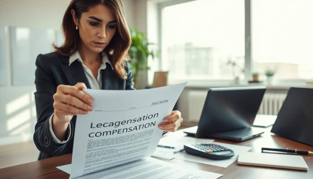 A professional office setting focused on a decision regarding insurance compensation. In the foreground, a serious-looking businesswoman in professional attire is examining a document labeled “Decision on Compensation” with a thoughtful expression. In the middle ground, a desk is cluttered with papers, a laptop, and a calculator, suggesting meticulous calculations and considerations. The background features a large window with natural light flooding the room, casting soft shadows and creating a bright, focused atmosphere. The overall mood is one of tension and professionalism, capturing the gravity of the decision-making process in the context of contrasting insurance valuations. The angle is slightly above eye level, adding a sense of authority and importance to the scene. A professional office setting focused on a decision regarding insurance compensation. In the foreground, a serious-looking businesswoman in professional attire is examining a document labeled “Decision on Compensation” with a thoughtful expression. In the middle ground, a desk is cluttered with papers, a laptop, and a calculator, suggesting meticulous calculations and considerations. The background features a large window with natural light flooding the room, casting soft shadows and creating a bright, focused atmosphere. The overall mood is one of tension and professionalism, capturing the gravity of the decision-making process in the context of contrasting insurance valuations. The angle is slightly above eye level, adding a sense of authority and importance to the scene.