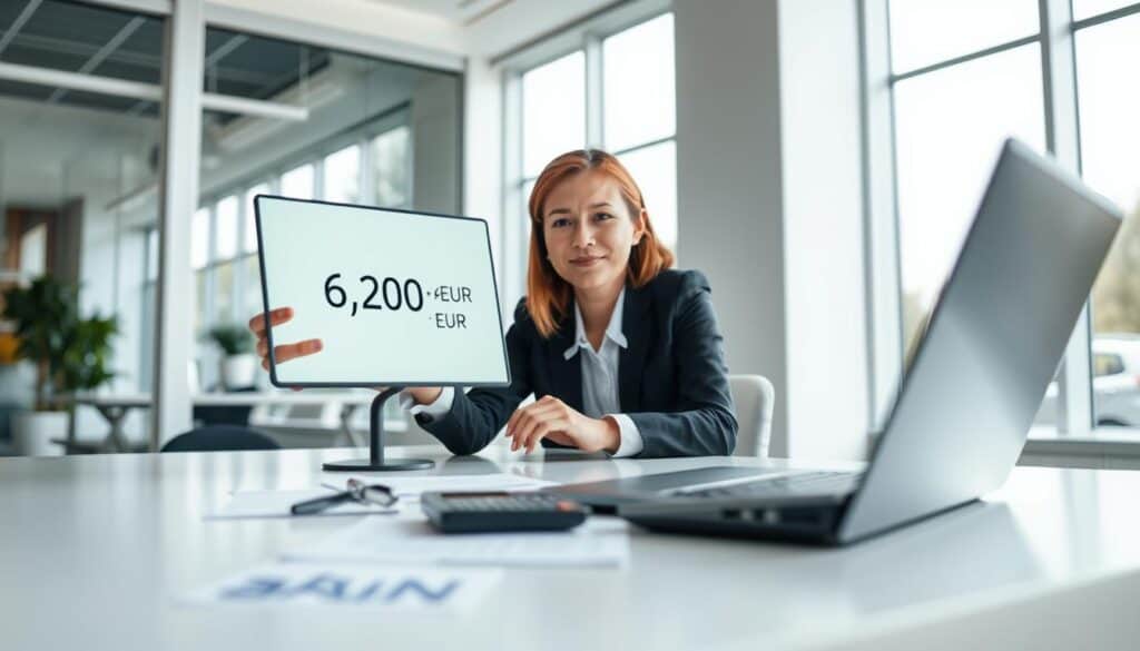 A professional office setting showcasing a car insurance consultation. In the foreground, a female insurance agent in business attire is seated at a sleek desk, gesturing towards a laptop screen displaying two contrasting insurance quotes: 6,200 EUR and 11,400 EUR. In the middle, a thoughtfully arranged array of documents and a calculator, emphasizing the analysis process. The background features a modern office with large windows allowing natural light to illuminate the space, creating a bright and welcoming atmosphere. Soft, diffused lighting highlights the seriousness of the discussion. The angle captures both the agent and the screen, conveying a sense of authority and professionalism in consumer recommendations.
