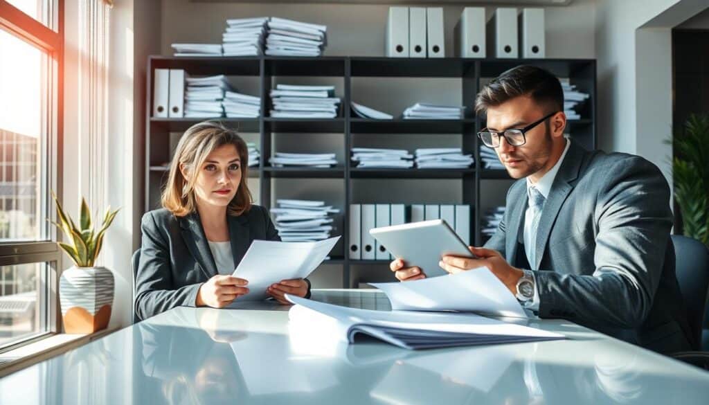A professional scene depicting the selection of a damage appraiser (rzeczoznawca) in a well-lit office environment. In the foreground, a confident middle-aged woman in a business suit is reviewing documents at a sleek desk, accompanied by a focused young man in glasses, examining a tablet. The middle ground features shelves filled with files and appraisal reports, creating an organized atmosphere. The background shows a large window with natural sunlight streaming in, casting soft shadows across the room, enhancing the serious yet approachable mood. Use a wide-angle lens perspective to capture the full office setup. The overall atmosphere is one of professionalism, collaboration, and attention to detail, emphasizing the importance of choosing the right expert. A professional scene depicting the selection of a damage appraiser (rzeczoznawca) in a well-lit office environment. In the foreground, a confident middle-aged woman in a business suit is reviewing documents at a sleek desk, accompanied by a focused young man in glasses, examining a tablet. The middle ground features shelves filled with files and appraisal reports, creating an organized atmosphere. The background shows a large window with natural sunlight streaming in, casting soft shadows across the room, enhancing the serious yet approachable mood. Use a wide-angle lens perspective to capture the full office setup. The overall atmosphere is one of professionalism, collaboration, and attention to detail, emphasizing the importance of choosing the right expert.