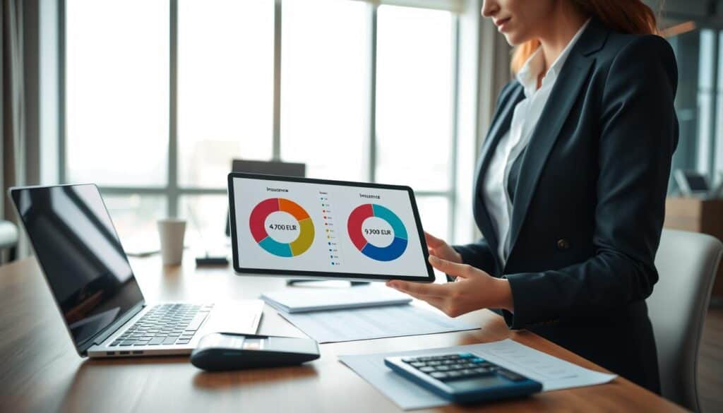 A professional setting depicting a detailed analysis of car insurance costs. In the foreground, a businesswoman in smart attire examines two pie charts on a digital tablet representing the contrasting insurance quotes, one being 4,700 EUR and the other 9,900 EUR. In the middle ground, an office desk adorned with a laptop, paperwork, and a calculator creates a focused atmosphere. In the background, a large window filters in soft, natural light, illuminating the office space and highlighting a cityscape view. The mood is analytical and professional, conveying a sense of deliberation over financial decisions in the automotive insurance realm. A professional setting depicting a detailed analysis of car insurance costs. In the foreground, a businesswoman in smart attire examines two pie charts on a digital tablet representing the contrasting insurance quotes, one being 4,700 EUR and the other 9,900 EUR. In the middle ground, an office desk adorned with a laptop, paperwork, and a calculator creates a focused atmosphere. In the background, a large window filters in soft, natural light, illuminating the office space and highlighting a cityscape view. The mood is analytical and professional, conveying a sense of deliberation over financial decisions in the automotive insurance realm.