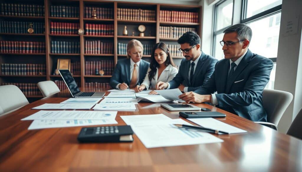 A professional setting depicting legal aspects of insurance valuation. In the foreground, a polished wooden conference table with legal documents, a calculator, and a laptop displaying graphs and numbers related to insurance valuation. In the middle, a diverse group of professionals in formal business attire—two men and two women—collaborating, analyzing, and discussing the paperwork, with one pointing at a document. The background features a large window with natural light pouring in, illuminating shelves filled with legal books and awards, creating a scholarly atmosphere. The overall mood is serious and analytical, emphasizing the importance of accurate valuation in the insurance industry. Soft focus on the background adds depth, while maintaining clarity on the foreground subjects. A professional setting depicting legal aspects of insurance valuation. In the foreground, a polished wooden conference table with legal documents, a calculator, and a laptop displaying graphs and numbers related to insurance valuation. In the middle, a diverse group of professionals in formal business attire—two men and two women—collaborating, analyzing, and discussing the paperwork, with one pointing at a document. The background features a large window with natural light pouring in, illuminating shelves filled with legal books and awards, creating a scholarly atmosphere. The overall mood is serious and analytical, emphasizing the importance of accurate valuation in the insurance industry. Soft focus on the background adds depth, while maintaining clarity on the foreground subjects.