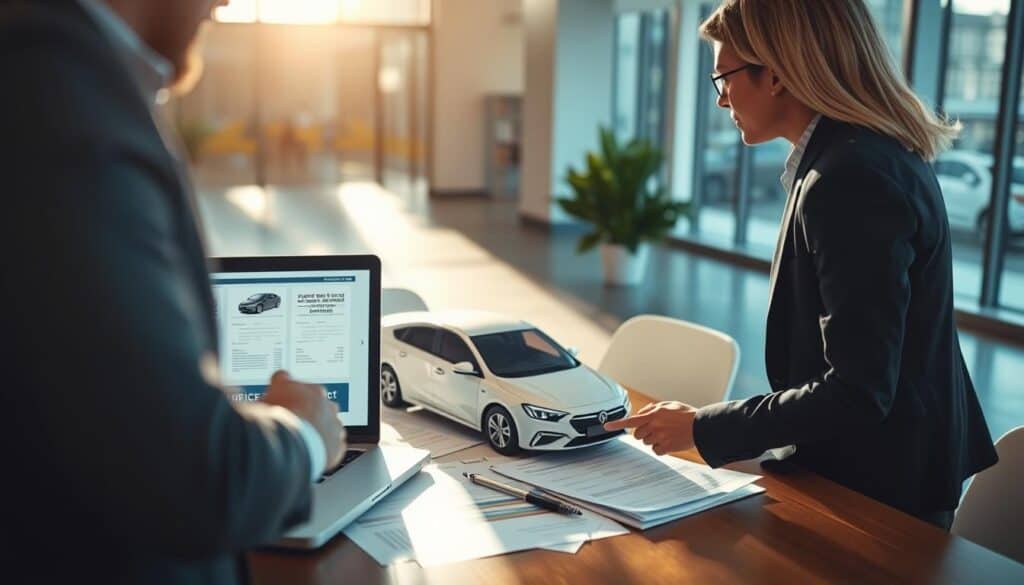 A professional setting featuring a car insurance evaluation scene. In the foreground, a meticulously dressed insurance agent in business attire is discussing with a customer, pointing at a laptop screen displaying scannable insurance quotes. The middle layer showcases a detailed mock-up of a car surrounded by paperwork, including policy documents and valuation reports. The background consists of a modern office environment with large windows allowing natural light to illuminate the space, creating a warm atmosphere. Soft shadows enhance the focus on the subjects. The scene captures a mood of professionalism and decision-making, emphasizing the importance of investing in expert advice.