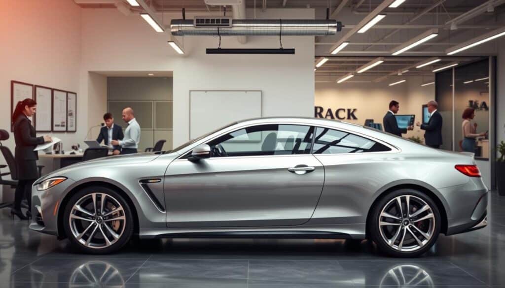A professional setting featuring a sleek car in the foreground, expertly detailed to emphasize its value and quality. In the background, depict two contrasting scenarios: one side showing a busy insurance office with professionals discussing paperwork, dressed in business attire, and the other side illustrating a modern car appraisal studio with advanced technology and tools. The lighting should be bright yet soft, suggesting a productive environment. Capture the mood of professionalism and diligence, reflecting the analysis of service quality in insurance valuation. Use a slightly elevated angle to showcase both the car and the interactions, emphasizing the contrast between the two valuation approaches. A professional setting featuring a sleek car in the foreground, expertly detailed to emphasize its value and quality. In the background, depict two contrasting scenarios: one side showing a busy insurance office with professionals discussing paperwork, dressed in business attire, and the other side illustrating a modern car appraisal studio with advanced technology and tools. The lighting should be bright yet soft, suggesting a productive environment. Capture the mood of professionalism and diligence, reflecting the analysis of service quality in insurance valuation. Use a slightly elevated angle to showcase both the car and the interactions, emphasizing the contrast between the two valuation approaches.