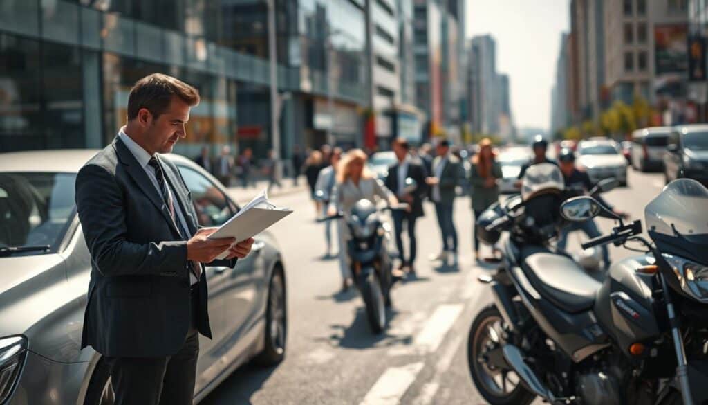 A scene depicting a busy urban environment after a minor traffic accident involving two vehicles, with one sedan and one motorcycle. In the foreground, a professional-looking insurance adjuster, dressed in a smart business suit, examines the damage on a vehicle, taking detailed notes on a clipboard. In the middle ground, concerned bystanders observe, maintaining a respectful distance while discussing the incident. Behind them, a blurred cityscape showcases modern buildings and busy streets, hinting at a vibrant market environment. The lighting is bright and clear, suggesting a sunny day, with shadows extending from the vehicles. The mood is serious yet focused, as professionals assess the situation, capturing the essence of "szkody komunikacyjne" in this contextual setting.