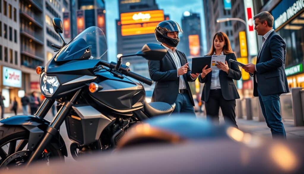 A sleek and modern motorcycle parked in an urban setting, showcasing its shiny metallic surfaces and intricate details. In the foreground, a confident, professionally dressed rider stands beside the motorcycle, wearing a helmet that reflects city lights, symbolizing safety and preparedness. In the middle ground, the rider interacts with an insurance agent, who is holding a tablet with visible graphs and figures that hint at motorcycle insurance evaluations. The background features a bustling cityscape at dusk, with warm lighting illuminating buildings and street signs. The atmosphere is vibrant yet focused, emphasizing a discussion about motorcycle insurance options. Capture a dynamic angle, slightly low to highlight both the motorcycle and the engaged conversation, evoking a sense of professionalism and trust. A sleek and modern motorcycle parked in an urban setting, showcasing its shiny metallic surfaces and intricate details. In the foreground, a confident, professionally dressed rider stands beside the motorcycle, wearing a helmet that reflects city lights, symbolizing safety and preparedness. In the middle ground, the rider interacts with an insurance agent, who is holding a tablet with visible graphs and figures that hint at motorcycle insurance evaluations. The background features a bustling cityscape at dusk, with warm lighting illuminating buildings and street signs. The atmosphere is vibrant yet focused, emphasizing a discussion about motorcycle insurance options. Capture a dynamic angle, slightly low to highlight both the motorcycle and the engaged conversation, evoking a sense of professionalism and trust.