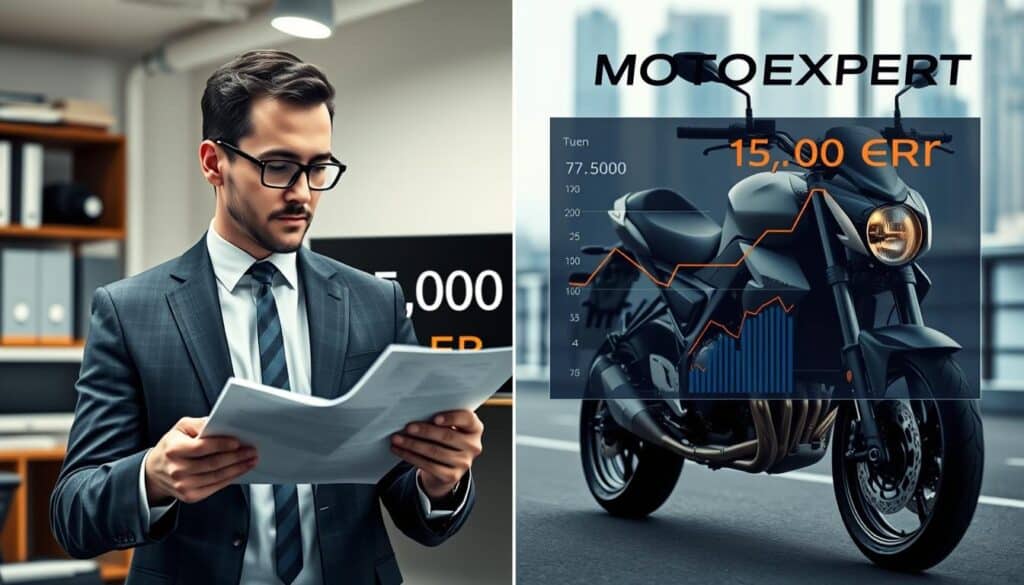 A split-image composition illustrating a professional comparison of motorcycle valuation services. On the left, a business professional in a tailored suit examining documents with a contemplative expression, surrounded by a clutter-free office setting. The light is bright and focused on the individual, enhancing their thoughtful demeanor. In the middle, a large digital screen displays the contrast between "7,500 EUR" in a subdued font and "15,000 EUR" in bold for emphasis. The right side features a more dynamic, graphic representation of "MOTOEXPERT", showcasing a sleek motorcycle overlay, with graphs illustrating quality and value, conveyed in vibrant colors. The background should feature a blurred cityscape, providing depth, and the overall mood should be one of analysis and decision-making, fostering a sense of professionalism and importance. A split-image composition illustrating a professional comparison of motorcycle valuation services. On the left, a business professional in a tailored suit examining documents with a contemplative expression, surrounded by a clutter-free office setting. The light is bright and focused on the individual, enhancing their thoughtful demeanor. In the middle, a large digital screen displays the contrast between "7,500 EUR" in a subdued font and "15,000 EUR" in bold for emphasis. The right side features a more dynamic, graphic representation of "MOTOEXPERT", showcasing a sleek motorcycle overlay, with graphs illustrating quality and value, conveyed in vibrant colors. The background should feature a blurred cityscape, providing depth, and the overall mood should be one of analysis and decision-making, fostering a sense of professionalism and importance.