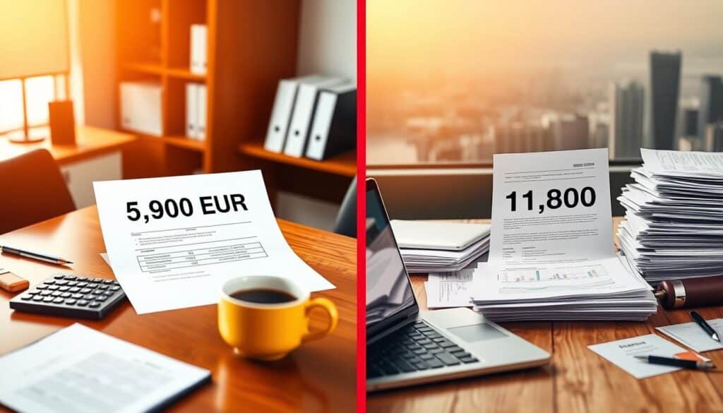 A split image showing two contrasting insurance valuations. On the left, a professional setting with a neat desk displaying a document labeled "5,900 EUR", accompanied by a calculator and a cup of coffee. The lighting is warm and inviting, enhancing the feeling of professionalism. On the right, a similar desk but with a document marked "11,800 EUR", featuring stacks of paperwork and a laptop open to a financial analysis. The background fades into a subtle city skyline to emphasize the business context. The atmosphere is serious and analytical, highlighting differences in valuation through visual contrast. The overall composition should feel organized and clear, with a focus on the specifics of the financial assessment. A split image showing two contrasting insurance valuations. On the left, a professional setting with a neat desk displaying a document labeled "5,900 EUR", accompanied by a calculator and a cup of coffee. The lighting is warm and inviting, enhancing the feeling of professionalism. On the right, a similar desk but with a document marked "11,800 EUR", featuring stacks of paperwork and a laptop open to a financial analysis. The background fades into a subtle city skyline to emphasize the business context. The atmosphere is serious and analytical, highlighting differences in valuation through visual contrast. The overall composition should feel organized and clear, with a focus on the specifics of the financial assessment.