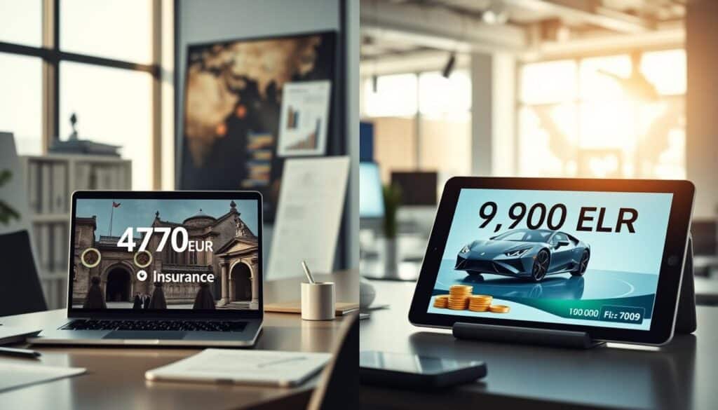 A split scene comparing two car insurance valuation scenarios. On the left, a professional business environment featuring a sleek desk with a laptop displaying the figure "4,700 EUR" next to an image of a traditional insurance building, with soft natural light illuminating the room. On the right, a modern office space showcasing "9,900 EUR" on the screen of a tablet next to a vibrant graphic of a car, with a bright, energetic atmosphere. The background includes elements like financial charts and calculators, signifying analysis and evaluation. The overall mood is analytical and professional, capturing the essence of key differences in valuations.