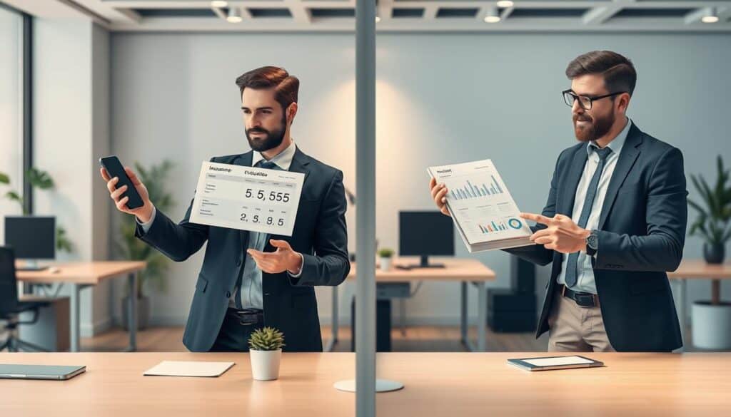 A split-screen comparison illustration featuring two evaluators in a modern office setting. On the left side, a professional insurance agent in a business suit presents an offer of 5,555 EUR, using a smartphone and a chart showing various insurance options. On the right side, a skilled appraiser in smart casual attire discusses a higher evaluation of 9,800 EUR, pointing at detailed graphs and reports on a tablet. The background shows a contemporary office environment with desks, plants, and subtle lighting, creating a focused yet friendly atmosphere. The image captures the essence of financial comparison and professionalism, inviting viewers to dive into the details of both offers. Use soft, natural lighting to enhance clarity and focus on the subjects. A split-screen comparison illustration featuring two evaluators in a modern office setting. On the left side, a professional insurance agent in a business suit presents an offer of 5,555 EUR, using a smartphone and a chart showing various insurance options. On the right side, a skilled appraiser in smart casual attire discusses a higher evaluation of 9,800 EUR, pointing at detailed graphs and reports on a tablet. The background shows a contemporary office environment with desks, plants, and subtle lighting, creating a focused yet friendly atmosphere. The image captures the essence of financial comparison and professionalism, inviting viewers to dive into the details of both offers. Use soft, natural lighting to enhance clarity and focus on the subjects.