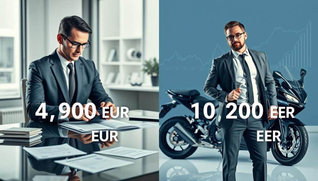 A split-screen illustration depicting a comparative analysis of insurance valuations, featuring a stark contrast between two figures: 4,900 EUR on the left side, represented by a well-dressed insurance professional in an office environment, using a calculator with financial documents spread out on a polished desk. On the right side, 10,200 EUR is showcased by a smartly attired MOTOEXPERT consultant, standing beside a sleek motorcycle, looking confident and knowledgeable, with subtle graphs and charts in the background illustrating market trends. The lighting is bright and professional, emphasizing clarity and focus. The atmosphere is analytical yet approachable, conveying a sense of trust and expertise in financial evaluations.