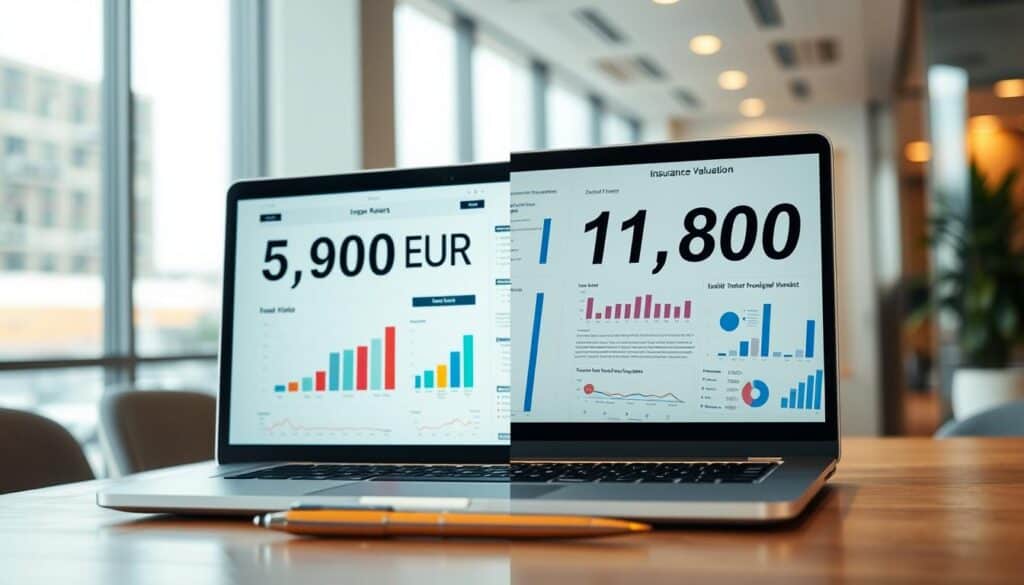 A split-screen image contrasting two insurance valuations: on one side, a professional-looking financial report with the amount "5,900 EUR" displayed prominently, featuring graphs and charts in a bright, modern office setting. On the other side, show a detailed report indicating "11,800 EUR" enhanced with visual elements like bar graphs and pie charts. In the foreground, include a laptop displaying both valuation documents, with a pen placed beside it. The background should depict a sleek, well-lit office environment with warm lighting reflecting a productive atmosphere. Capture the essence of comparison, professionalism, and clarity in this financial evaluation, using a high-angle view to enhance focus on the reports. A split-screen image contrasting two insurance valuations: on one side, a professional-looking financial report with the amount "5,900 EUR" displayed prominently, featuring graphs and charts in a bright, modern office setting. On the other side, show a detailed report indicating "11,800 EUR" enhanced with visual elements like bar graphs and pie charts. In the foreground, include a laptop displaying both valuation documents, with a pen placed beside it. The background should depict a sleek, well-lit office environment with warm lighting reflecting a productive atmosphere. Capture the essence of comparison, professionalism, and clarity in this financial evaluation, using a high-angle view to enhance focus on the reports.