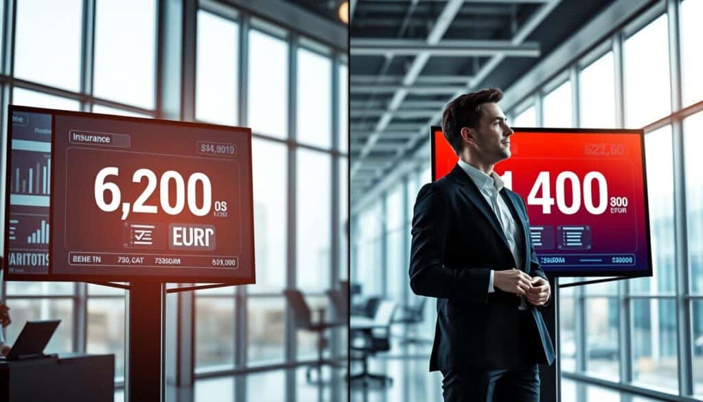 A split-screen image showcasing a comparison of insurance valuations. On the left, represent a professional setting with a detailed, digital display showing "6,200 EUR" surrounded by sleek graphics and statistics. On the right, depict a contrasting display with "11,400 EUR" with a more vibrant, bold design. In the foreground, include two business professionals in smart attire, one observing each display, with a thoughtful expression, engaged in discussion. The middle ground should feature a modern office environment, with large windows allowing natural light to illuminate the scene. The background can include abstract representations of numbers and financial graphs to enhance the theme of valuation analysis. The mood should be focused and analytical, promoting a sense of professionalism and clarity.