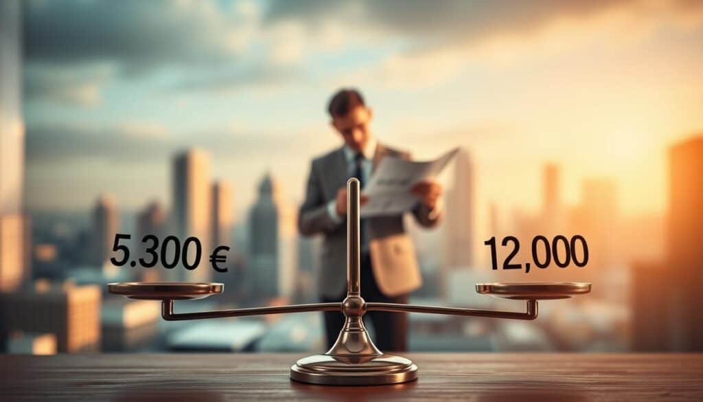 A visually engaging illustration depicting the concept of "hidden costs in valuation." In the foreground, a balanced scale represents two valuation figures: 5,300 EUR on one side and 12,000 EUR on the other, with subtle shadows indicating disparity. In the middle ground, a professional in business attire examines detailed documents and charts, symbolizing the complexities of the valuation process. The background features an abstract cityscape slightly blurred to emphasize the foreground, with warm lighting casting a professional and contemplative atmosphere. The overall tone should convey seriousness, reflecting the analytical nature of financial assessment, with soft focus creating a sense of depth and intrigue. A visually engaging illustration depicting the concept of "hidden costs in valuation." In the foreground, a balanced scale represents two valuation figures: 5,300 EUR on one side and 12,000 EUR on the other, with subtle shadows indicating disparity. In the middle ground, a professional in business attire examines detailed documents and charts, symbolizing the complexities of the valuation process. The background features an abstract cityscape slightly blurred to emphasize the foreground, with warm lighting casting a professional and contemplative atmosphere. The overall tone should convey seriousness, reflecting the analytical nature of financial assessment, with soft focus creating a sense of depth and intrigue.