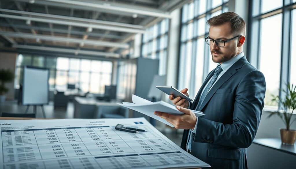 A visually striking and professional image depicting the concept of compensation ("odszkodowanie"). In the foreground, a confident business professional dressed in a tailored suit examines a series of documents and reports with a calculator in hand, symbolizing meticulous assessment. The middle ground features a detailed table filled with numerical data and analysis tools, showcasing the contrasting valuation figures, such as 6,800 EUR and 14,200 EUR. In the background, a modern office setting with floor-to-ceiling windows allows natural light to illuminate the scene, creating a bright and focused atmosphere. The overall mood is one of determination and professionalism, conveying the importance of accurate insurance valuation and real-life scenarios. The image should have a clean, polished look with a balanced composition, emphasizing clarity and precision without any text or watermarks. A visually striking and professional image depicting the concept of compensation ("odszkodowanie"). In the foreground, a confident business professional dressed in a tailored suit examines a series of documents and reports with a calculator in hand, symbolizing meticulous assessment. The middle ground features a detailed table filled with numerical data and analysis tools, showcasing the contrasting valuation figures, such as 6,800 EUR and 14,200 EUR. In the background, a modern office setting with floor-to-ceiling windows allows natural light to illuminate the scene, creating a bright and focused atmosphere. The overall mood is one of determination and professionalism, conveying the importance of accurate insurance valuation and real-life scenarios. The image should have a clean, polished look with a balanced composition, emphasizing clarity and precision without any text or watermarks.