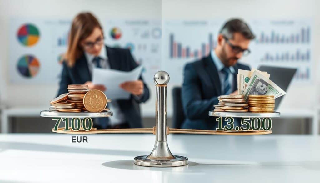 A visually striking composition depicting the differences in insurance valuations. In the foreground, a detailed scale balances two distinct values: 7,100 EUR on one side and 13,500 EUR on the other, with realistic coins and currency notes representing each amount. The middle ground features a split view of two contrasting insurance agents in professional attire, one analyzing paperwork and the other using a laptop, both displaying expressions of contemplation. The background includes an office setting with charts and graphs on the walls illustrating the valuation differences. Soft, natural lighting highlights the agents, creating an atmosphere of professionalism and focus, with a slight depth of field to draw attention to the scale and agents.