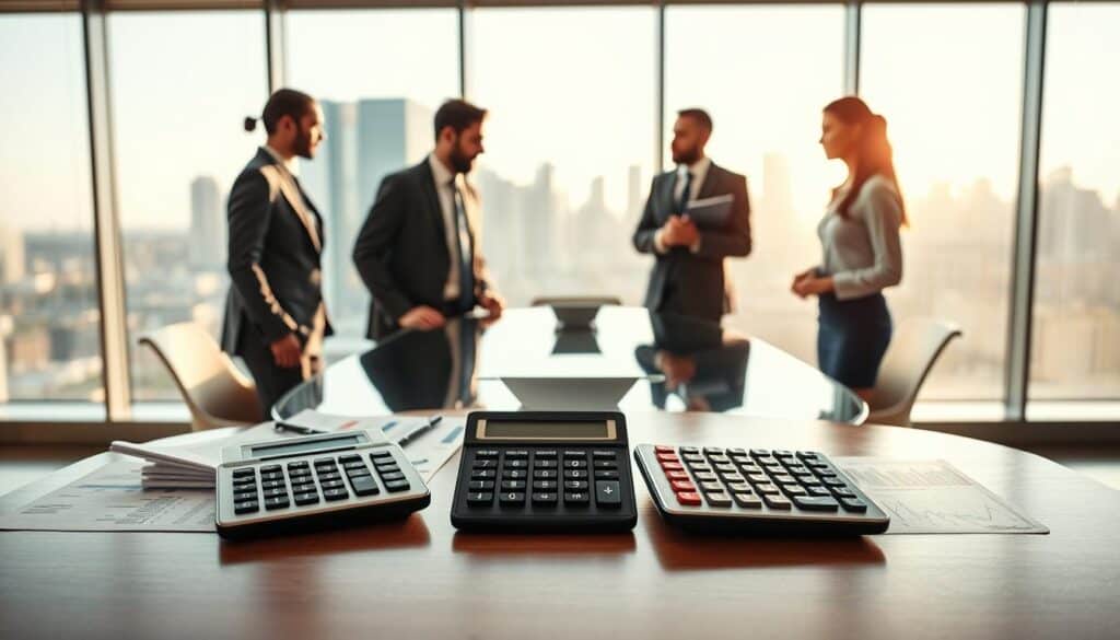 A visually striking image illustrating "wycena" with a focus on insurance valuation comparisons. In the foreground, two professional-looking calculators are placed on a sleek wooden desk, surrounded by financial documents and charts. In the middle ground, an elegant, glass conference table reflects the light, where a group of three diverse professionals—two men and a woman—are engaged in a focused discussion, all dressed in smart business attire. In the background, a modern office environment with large windows showcases a city skyline bathed in soft afternoon light. The mood is serious yet collaborative, with an emphasis on professionalism and detailed analysis. The image is composed to draw the viewer's eye towards the interaction between the professionals, capturing a moment of exchange and decision-making. A visually striking image illustrating "wycena" with a focus on insurance valuation comparisons. In the foreground, two professional-looking calculators are placed on a sleek wooden desk, surrounded by financial documents and charts. In the middle ground, an elegant, glass conference table reflects the light, where a group of three diverse professionals—two men and a woman—are engaged in a focused discussion, all dressed in smart business attire. In the background, a modern office environment with large windows showcases a city skyline bathed in soft afternoon light. The mood is serious yet collaborative, with an emphasis on professionalism and detailed analysis. The image is composed to draw the viewer's eye towards the interaction between the professionals, capturing a moment of exchange and decision-making.