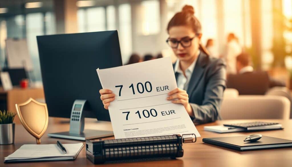 A visually striking image that encapsulates the concept of "Ubezpieczyciel 7 100 EUR." In the foreground, display a neatly arranged modern workspace with a computer, a financial report featuring the figure "7 100 EUR," and discrete but impactful visuals representing insurance, such as a shield or a calculator. In the middle ground, illustrate a confident, professional-looking individual in business attire analyzing the report, exuding a sense of trustworthiness and expertise. In the background, softly blurred elements representing a bustling office environment can enhance the atmosphere. Use warm, inviting lighting to create a sense of optimism and reliability, captured from a slightly elevated angle to provide depth and focus on the foreground details. The overall mood should be professional yet approachable, ensuring that the scene reflects the serious nature of choosing an insurance provider. A visually striking image that encapsulates the concept of "Ubezpieczyciel 7 100 EUR." In the foreground, display a neatly arranged modern workspace with a computer, a financial report featuring the figure "7 100 EUR," and discrete but impactful visuals representing insurance, such as a shield or a calculator. In the middle ground, illustrate a confident, professional-looking individual in business attire analyzing the report, exuding a sense of trustworthiness and expertise. In the background, softly blurred elements representing a bustling office environment can enhance the atmosphere. Use warm, inviting lighting to create a sense of optimism and reliability, captured from a slightly elevated angle to provide depth and focus on the foreground details. The overall mood should be professional yet approachable, ensuring that the scene reflects the serious nature of choosing an insurance provider.