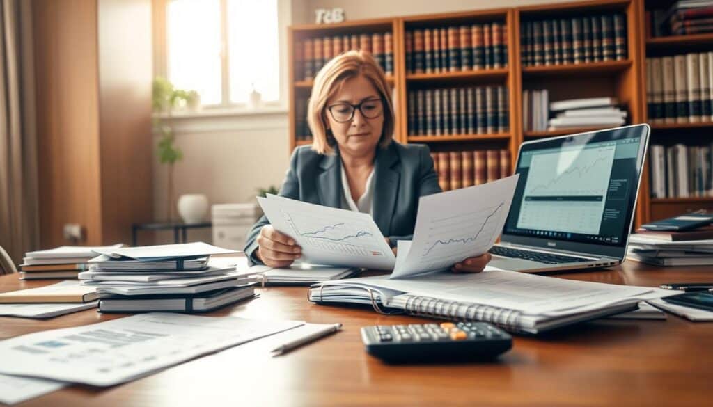 A well-organized office setting, with a wooden desk in the foreground covered with various official documents, notebooks, and a calculator. In the middle, a professional in business attire, a middle-aged woman with glasses, is reviewing the documents with a focused expression. A laptop displaying graphs and numbers sits to the side. In the background, a soft-focus bookshelf filled with legal texts and insurance manuals hints at the atmosphere of expertise. The lighting is warm, creating a professional yet inviting ambiance, with sunlight streaming in through a window. The angle is slightly elevated, capturing both the desk and the engaged figure, emphasizing the importance of accurate vehicle valuation documentation.