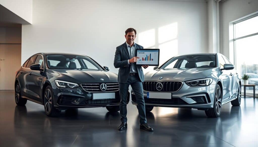 An analytical comparison of vehicle valuations, featuring two distinct vehicles side by side. In the foreground, a sleek, modern sedans representing the two valuations: one labeled 6,100 EUR and the other 13,200 EUR, highlighted with subtle graphics showing differences in condition and features. In the middle ground, a business professional in smart casual attire points at a digital tablet displaying a comparative chart, visually representing valuation differences. The background features a bright, well-lit office environment with a large window letting in natural light, casting soft shadows. The atmosphere is focused and professional, conveying a sense of clarity and analytical rigor. The composition emphasizes precision and insight without any distractions or text elements.