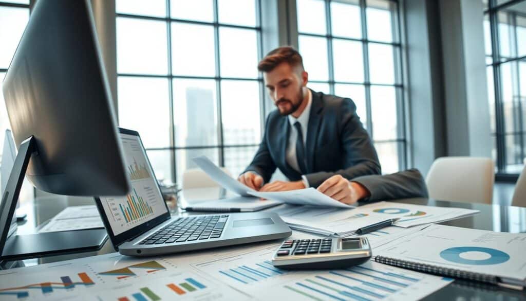 An insurance adjuster, dressed in professional business attire, is reviewing documents and computer data at a sleek, modern office desk filled with charts and graphs illustrating valuations. The foreground showcases a detailed laptop screen with complex spreadsheets and a calculator surrounded by paperwork, conveying the theme of valuation assessments. In the middle, the adjuster is focused and engaged in their work, with a look of concentration. The background features large windows with natural light flooding in, creating a bright atmosphere that emphasizes professionalism and clarity. The overall mood is analytical and focused, showcasing the detailed process of insurance valuation in a corporate environment, with high-quality lighting that highlights the seriousness of the discussion. An insurance adjuster, dressed in professional business attire, is reviewing documents and computer data at a sleek, modern office desk filled with charts and graphs illustrating valuations. The foreground showcases a detailed laptop screen with complex spreadsheets and a calculator surrounded by paperwork, conveying the theme of valuation assessments. In the middle, the adjuster is focused and engaged in their work, with a look of concentration. The background features large windows with natural light flooding in, creating a bright atmosphere that emphasizes professionalism and clarity. The overall mood is analytical and focused, showcasing the detailed process of insurance valuation in a corporate environment, with high-quality lighting that highlights the seriousness of the discussion.