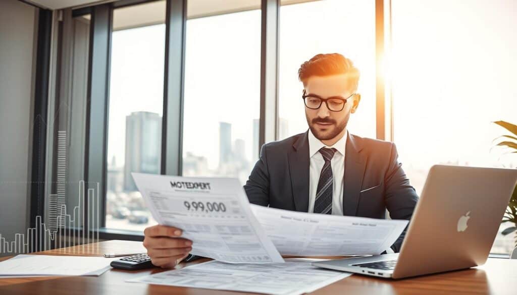 A modern office setting featuring a confident professional consultant from MOTOEXPERT, dressed in business attire, attentively reviewing an intricate insurance evaluation document worth 9,900 EUR. The foreground showcases the consultant with a thoughtful expression, focused on the paperwork, as a laptop and a calculator are visible on the desk. In the middle ground, a large window reveals a cityscape under bright daylight, casting natural light across the scene, enhancing the atmosphere of professionalism and reliability. The background includes abstract representations of financial graphs and analytics subtly blended into the office decor, symbolizing financial accuracy and expertise. The overall mood is serious yet optimistic, emphasizing the thoroughness and competence in insurance assessments. A modern office setting featuring a confident professional consultant from MOTOEXPERT, dressed in business attire, attentively reviewing an intricate insurance evaluation document worth 9,900 EUR. The foreground showcases the consultant with a thoughtful expression, focused on the paperwork, as a laptop and a calculator are visible on the desk. In the middle ground, a large window reveals a cityscape under bright daylight, casting natural light across the scene, enhancing the atmosphere of professionalism and reliability. The background includes abstract representations of financial graphs and analytics subtly blended into the office decor, symbolizing financial accuracy and expertise. The overall mood is serious yet optimistic, emphasizing the thoroughness and competence in insurance assessments.