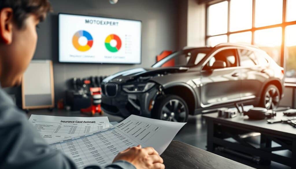 A modern office setting illustrating a vehicle repair cost analysis. In the foreground, a professional in business attire examines a detailed report with spreadsheets and repair estimates on a desk, showcasing clearly labeled columns for "Insurance Company" and "MOTOEXPERT." The middle layer features a large wall-mounted screen displaying a pie chart comparing costs, with vibrant colors highlighting contrasting figures. In the background, a sleek vehicle is visible, partially disassembled, with tools and replacement parts carefully arranged, emphasizing the repair process. Natural light from large windows creates a bright atmosphere, while the lens captures the scene from a slightly elevated angle, suggesting a strategic overview of the analysis. The mood is focused and analytical, evoking a sense of professionalism and clarity in decision-making.