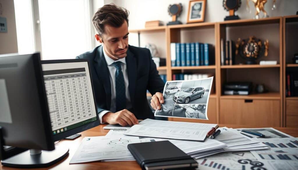 A professional adjusting a detailed automotive damage assessment in a well-lit office environment, positioned at a desk covered with reports and documents that illustrate the valuation process. In the foreground, a computer screen displays a spreadsheet with numerical data about car damages. In the middle, the assessor is focused on examining photographs of the damaged vehicle, wearing smart business attire. The background contains shelves with industry-related books and awards, conveying a sense of credibility and expertise. Soft, natural light filters through a window, highlighting the serious yet thoughtful mood of the scene, emphasizing the importance of accurate valuation in insurance claims. A professional adjusting a detailed automotive damage assessment in a well-lit office environment, positioned at a desk covered with reports and documents that illustrate the valuation process. In the foreground, a computer screen displays a spreadsheet with numerical data about car damages. In the middle, the assessor is focused on examining photographs of the damaged vehicle, wearing smart business attire. The background contains shelves with industry-related books and awards, conveying a sense of credibility and expertise. Soft, natural light filters through a window, highlighting the serious yet thoughtful mood of the scene, emphasizing the importance of accurate valuation in insurance claims.