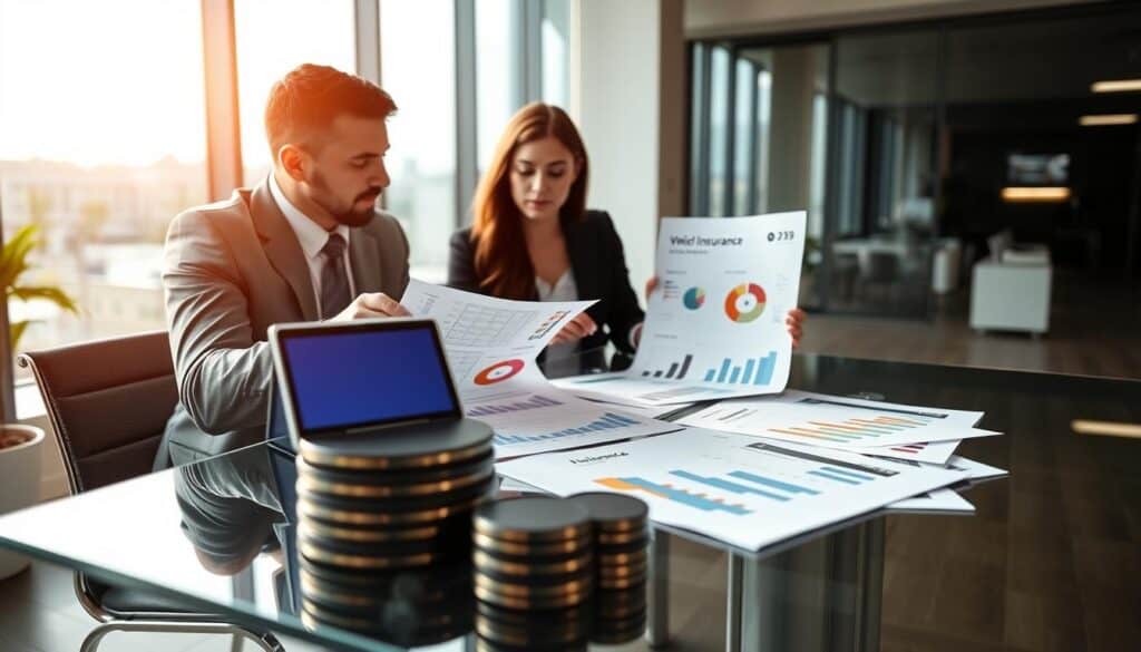 A professional and engaging image depicting the analysis of vehicle insurance costs. In the foreground, two business professionals, a man and a woman, are seated at a sleek glass table, reviewing detailed documents and charts showcasing cost comparisons. They are dressed in business attire, conveying a sense of professionalism and focus. In the middle ground, various financial graphics, like pie charts and bar graphs, are prominently displayed, emphasizing the analysis of costs and benefits. The background features a modern office environment with large windows allowing soft, natural light to fill the room, creating a bright and inviting atmosphere. Capture a mood of collaboration and deep analysis, highlighting the importance of informed decision-making in insurance costing. A professional and engaging image depicting the analysis of vehicle insurance costs. In the foreground, two business professionals, a man and a woman, are seated at a sleek glass table, reviewing detailed documents and charts showcasing cost comparisons. They are dressed in business attire, conveying a sense of professionalism and focus. In the middle ground, various financial graphics, like pie charts and bar graphs, are prominently displayed, emphasizing the analysis of costs and benefits. The background features a modern office environment with large windows allowing soft, natural light to fill the room, creating a bright and inviting atmosphere. Capture a mood of collaboration and deep analysis, highlighting the importance of informed decision-making in insurance costing.