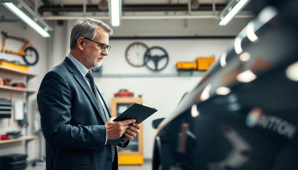 A professional automotive appraiser inspecting a vehicle in a bright, well-lit garage. In the foreground, focus on a middle-aged male appraiser wearing a smart business attire, holding a clipboard and analyzing the car's exterior with a discerning eye. In the middle ground, a sleek, modern car is being evaluated, showcasing its shiny paint and well-defined lines. In the background, tools and equipment related to automotive appraisal line the shelves, with soft overhead lighting illuminating the space. The mood is focused and professional, indicating a serious evaluation process. The composition is framed from a slightly lower angle to emphasize the appraiser’s engaged demeanor and the car's features, creating a dynamic and informative scene.