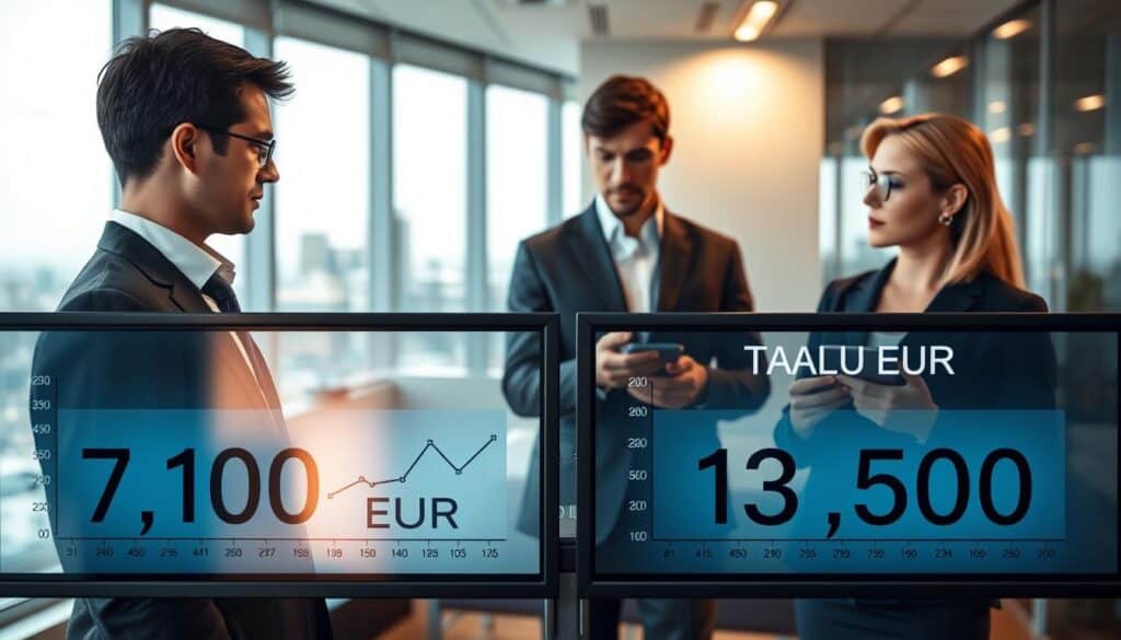 A professional comparison scene showcasing two valuation charts side by side, representing "7,100 EUR" and "13,500 EUR" in a sleek office environment. In the foreground, two financial analysts in business attire, one male and one female, are discussing the data with focused expressions. The middle layer features a digital display with clear, visually engaging graphs and numbers reflecting the two different valuations. The background includes a modern office setup with subtle lighting, large windows, and cityscape view, creating a productive atmosphere. Soft, warm light illuminates the room, enhancing the professional ambiance. The image conveys an analytical mood, highlighting the importance of accurate damage assessments in communication.