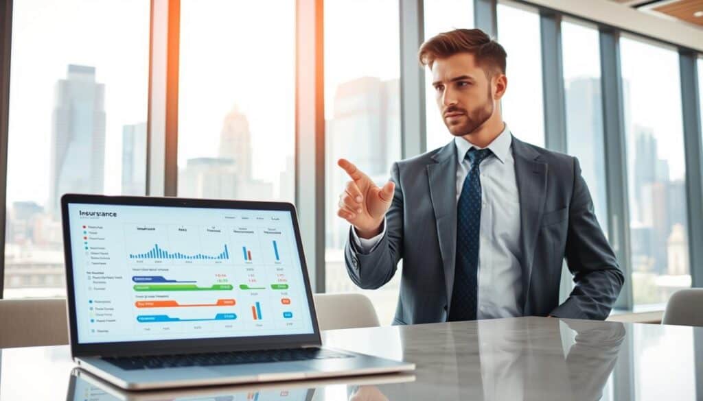 A professional consultant, dressed in business attire, stands in a modern office environment, analyzing various insurance options represented by colorful graphs and charts displayed on a digital screen. In the foreground, a sleek laptop sits on a polished desk, showcasing an insurance comparison table. In the middle, a thoughtful expression highlights the consultant's focused gaze, while their hand hovers over a touchscreen interface, emphasizing the decision-making process. In the background, tall windows reveal a bustling city skyline under bright, natural lighting, symbolizing opportunity and growth. The overall atmosphere is one of professionalism and contemplation, inviting viewers to engage with the theme of making informed financial choices. The image should be vibrant, clear, and devoid of any text or distractions.