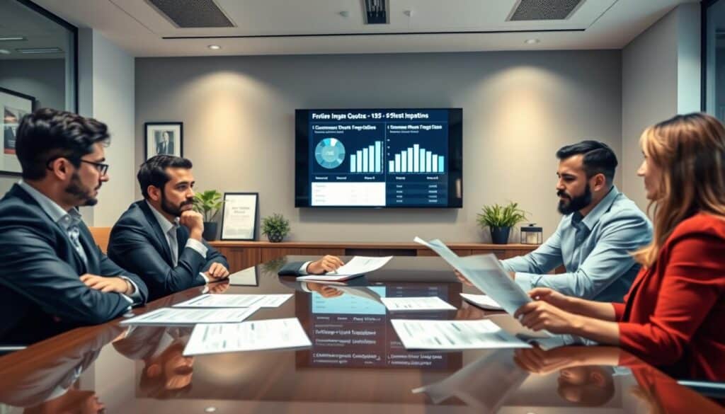 A professional meeting room setting with diverse clients discussing insurance pricing. In the foreground, a group of three individuals—two men and one woman—are seated at a polished conference table, reviewing documents depicting insurance quotes. The individuals are dressed in smart business attire, displaying expressions of contemplation and concern. The middle ground showcases a large digital screen displaying visuals of contrasting insurance quotes, with charts and graphs subtly illustrating customer experiences. The background features modern office decor, such as framed certificates and greenery, enhancing a corporate atmosphere. Soft, warm lighting casts a welcoming glow, creating a serious yet approachable mood. The angle of the shot captures a slightly elevated perspective, emphasizing collaboration and dialogue among the clients. A professional meeting room setting with diverse clients discussing insurance pricing. In the foreground, a group of three individuals—two men and one woman—are seated at a polished conference table, reviewing documents depicting insurance quotes. The individuals are dressed in smart business attire, displaying expressions of contemplation and concern. The middle ground showcases a large digital screen displaying visuals of contrasting insurance quotes, with charts and graphs subtly illustrating customer experiences. The background features modern office decor, such as framed certificates and greenery, enhancing a corporate atmosphere. Soft, warm lighting casts a welcoming glow, creating a serious yet approachable mood. The angle of the shot captures a slightly elevated perspective, emphasizing collaboration and dialogue among the clients.