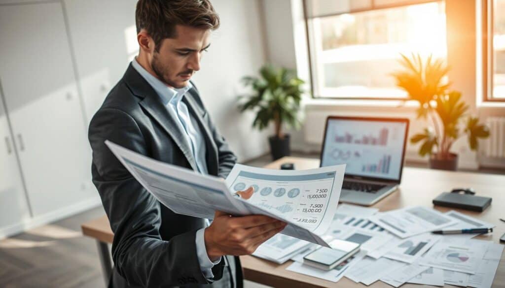 A professional office environment showcasing the theme of automotive insurance valuation. In the foreground, a confident businessperson, dressed in a smart suit, is closely examining a detailed insurance report with figures like "7,500 EUR" and "15,000 EUR" visible. The person holds a pen, highlighting discrepancies in the valuation. In the middle ground, a modern desk strewn with financial documents, a laptop open displaying charts and statistics related to insurance claims. In the background, a large window allows soft natural light to spill in, providing a warm yet professional atmosphere. The overall mood is one of serious analysis and focus, emphasizing the common errors in insurance assessments. A professional office environment showcasing the theme of automotive insurance valuation. In the foreground, a confident businessperson, dressed in a smart suit, is closely examining a detailed insurance report with figures like "7,500 EUR" and "15,000 EUR" visible. The person holds a pen, highlighting discrepancies in the valuation. In the middle ground, a modern desk strewn with financial documents, a laptop open displaying charts and statistics related to insurance claims. In the background, a large window allows soft natural light to spill in, providing a warm yet professional atmosphere. The overall mood is one of serious analysis and focus, emphasizing the common errors in insurance assessments.
