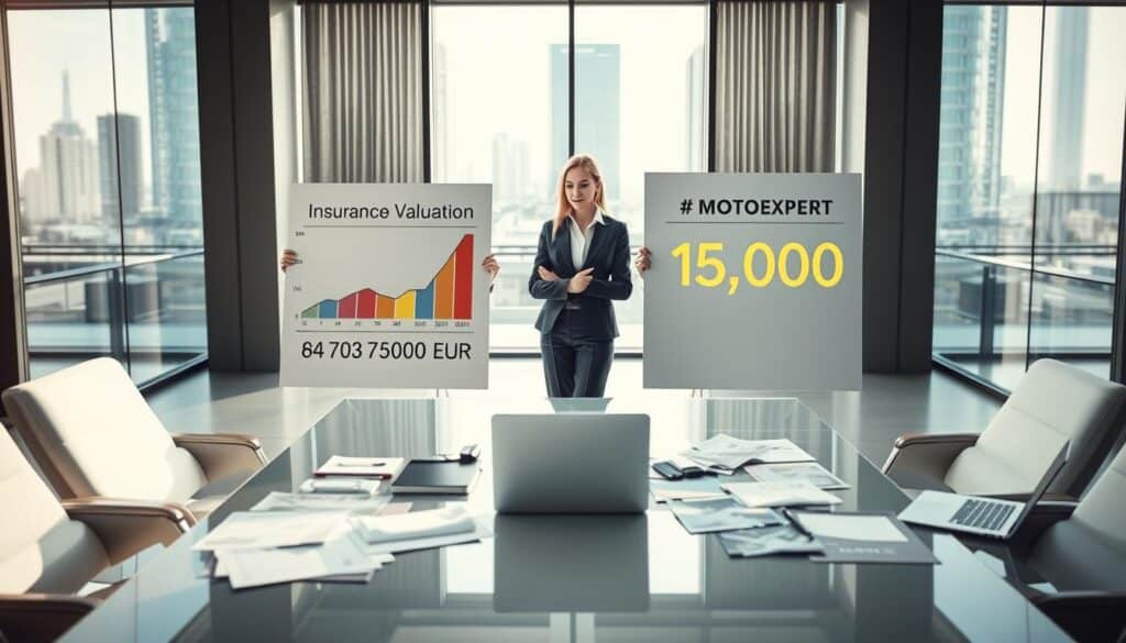 A visually striking comparison scene depicting two distinct environments representing insurance valuations. In the foreground, a professional woman in business attire stands confidently, analyzing two large charts: one labeled "Insurance Valuation 7,500 EUR" with muted colors, and another labeled "MOTOEXPERT 15,000 EUR" with vibrant hues. In the middle ground, a modern office setting with sleek furniture and natural light filtering through large windows, creating a professional atmosphere. Various financial documents and a laptop are scattered on a polished table to emphasize the business context. The background features cityscape views through the glass, suggesting a bustling urban environment. The overall mood is analytical and insightful, inviting viewers to explore the differences between the valuations in a professional setting. A visually striking comparison scene depicting two distinct environments representing insurance valuations. In the foreground, a professional woman in business attire stands confidently, analyzing two large charts: one labeled "Insurance Valuation 7,500 EUR" with muted colors, and another labeled "MOTOEXPERT 15,000 EUR" with vibrant hues. In the middle ground, a modern office setting with sleek furniture and natural light filtering through large windows, creating a professional atmosphere. Various financial documents and a laptop are scattered on a polished table to emphasize the business context. The background features cityscape views through the glass, suggesting a bustling urban environment. The overall mood is analytical and insightful, inviting viewers to explore the differences between the valuations in a professional setting.