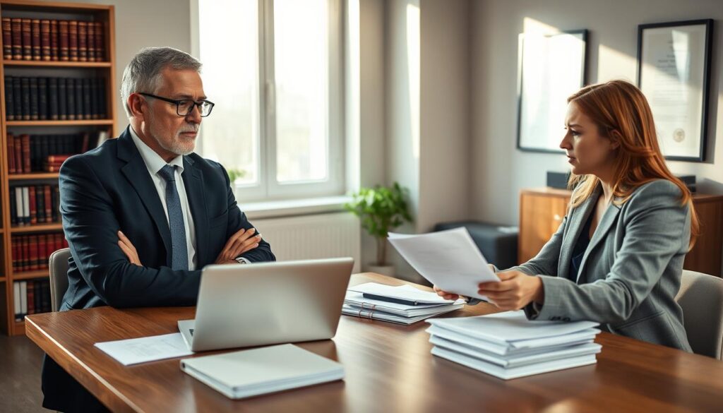 A German lawyer in a modern office setting, engaged in a discussion with a client about insurance dispute resolution. The lawyer, a middle-aged man in a sharp navy suit, has an attentive and supportive expression. The client, a young woman in a professional outfit, appears concerned as she reviews documents. On the table between them, a laptop and stacks of papers are visible, creating a sense of urgency. Warm, natural lighting floods the space through large windows, casting soft shadows. In the background, bookshelves filled with legal texts and a framed certificate on the wall add a professional touch. The overall atmosphere conveys professionalism, trust, and collaboration in tackling a complex legal issue. A German lawyer in a modern office setting, engaged in a discussion with a client about insurance dispute resolution. The lawyer, a middle-aged man in a sharp navy suit, has an attentive and supportive expression. The client, a young woman in a professional outfit, appears concerned as she reviews documents. On the table between them, a laptop and stacks of papers are visible, creating a sense of urgency. Warm, natural lighting floods the space through large windows, casting soft shadows. In the background, bookshelves filled with legal texts and a framed certificate on the wall add a professional touch. The overall atmosphere conveys professionalism, trust, and collaboration in tackling a complex legal issue.