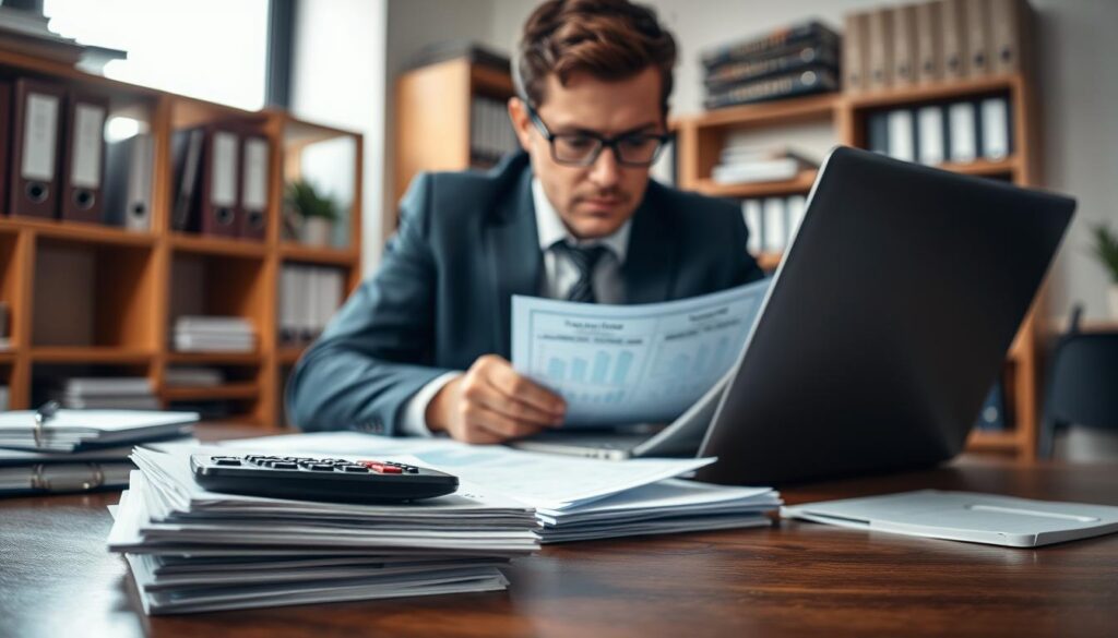 A close-up scene depicting a professional setting where an insurance adjuster, dressed in business attire, examines claim documents related to a road accident. In the foreground, focus on a stack of papers, a calculator, and a laptop displaying graphs and charts. In the middle, the adjuster is meticulously reviewing an accident claim file, their face reflecting concentration. The background shows an office environment with shelves of insurance manuals and a soft-lit window allowing natural light to filter in, illuminating the details on the desk. The atmosphere is serious yet focused, capturing the importance of verifying compensation details. Use soft lighting to create a professional and contemplative mood, with a slight depth of field effect emphasizing the subject. A close-up scene depicting a professional setting where an insurance adjuster, dressed in business attire, examines claim documents related to a road accident. In the foreground, focus on a stack of papers, a calculator, and a laptop displaying graphs and charts. In the middle, the adjuster is meticulously reviewing an accident claim file, their face reflecting concentration. The background shows an office environment with shelves of insurance manuals and a soft-lit window allowing natural light to filter in, illuminating the details on the desk. The atmosphere is serious yet focused, capturing the importance of verifying compensation details. Use soft lighting to create a professional and contemplative mood, with a slight depth of field effect emphasizing the subject.