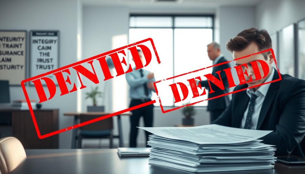 A corporate office scene highlighting the concept of denied insurance claims. In the foreground, a professional business person, dressed in formal attire, sits at a desk, looking concerned while reviewing a stack of claim documents. In the middle ground, another person stands with a serious expression, pointing to a large red "Denied" stamp on a document. The background features a subtle, blurred office environment with walls adorned by motivational posters related to integrity and trust. Soft, natural lighting filters through a window, casting gentle shadows, creating an atmosphere of tension and uncertainty. Capture the emotions of doubt and frustration, emphasizing the challenges faced when filing insurance claims. A corporate office scene highlighting the concept of denied insurance claims. In the foreground, a professional business person, dressed in formal attire, sits at a desk, looking concerned while reviewing a stack of claim documents. In the middle ground, another person stands with a serious expression, pointing to a large red "Denied" stamp on a document. The background features a subtle, blurred office environment with walls adorned by motivational posters related to integrity and trust. Soft, natural lighting filters through a window, casting gentle shadows, creating an atmosphere of tension and uncertainty. Capture the emotions of doubt and frustration, emphasizing the challenges faced when filing insurance claims.