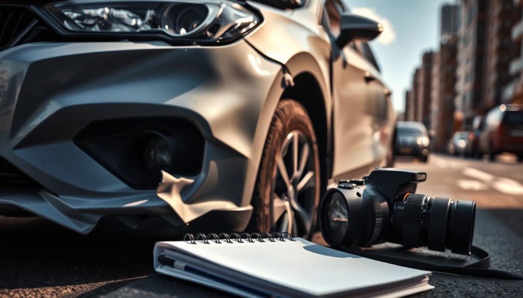 A damaged vehicle parked on an urban street, showcasing specific areas of impact and wear. Focus on the dented front bumper, shattered headlights, and scratch marks along the side panels. The sunlight casts intricate shadows, highlighting the contours and details of the vehicle's damage. In the foreground, a close-up of a notepad and a digital camera, emphasizing the documentation of evidence for an insurance claim. The background features an out-of-focus cityscape, suggesting a busy environment. The overall mood is serious and professional, conveying the importance of gathering evidence in a claim process. The image is sharply captured with a wide-angle lens, ensuring clarity of both the vehicle and surrounding elements.