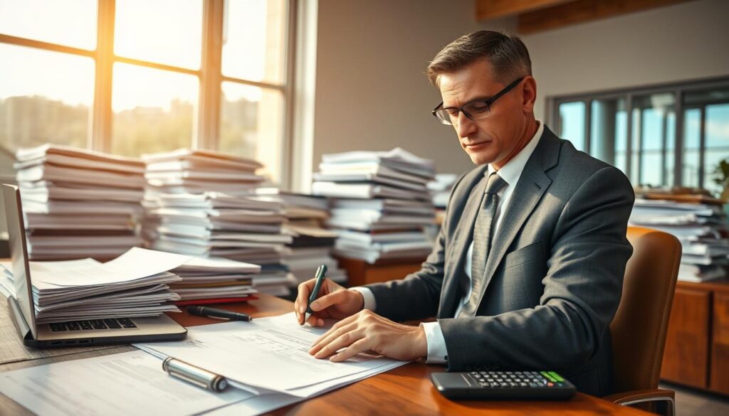 A detailed and professional technical expert's report on property damage assessment. In the foreground, a confident, middle-aged man in a formal business suit, sitting at a cluttered wooden desk filled with documents and a laptop, carefully reviewing and annotating a report. A notepad and a calculator are visible to his side. In the middle ground, stacks of paperwork and files regarding property damage surround him, illustrating the complexity of damage evaluation. The background shows a large window letting in natural light, creating a soft, inviting atmosphere with blue skies visible outside. Use warm, soft lighting to convey professionalism and diligence. Capture the scene from a slightly elevated angle to provide depth and focus on the subject's intense concentration. The mood is serious and analytical, reflecting the weight of accurate damage assessment.