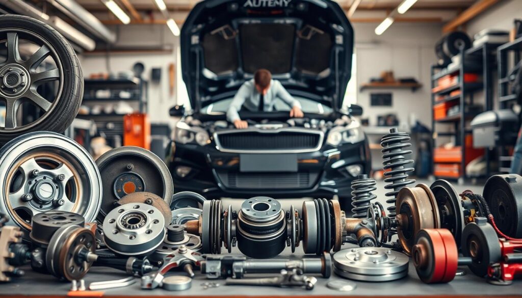 A detailed representation of automotive parts illustrating deductions and depreciation in a professional context. In the foreground, display various car components such as wheels, brakes, and suspension systems, intricately arranged to emphasize wear and tear. In the middle ground, feature an open vehicle hood with a mechanic examining the engine, dressed in professional attire, highlighting the assessment of damages. The background should include a well-lit garage environment with tools and parts neatly organized, cast in soft natural light to create a calm, analytical atmosphere. Use a slightly elevated angle to capture the scene effectively, conveying a sense of scrutiny and expertise in evaluating automobile parts and their impact on insurance claims.