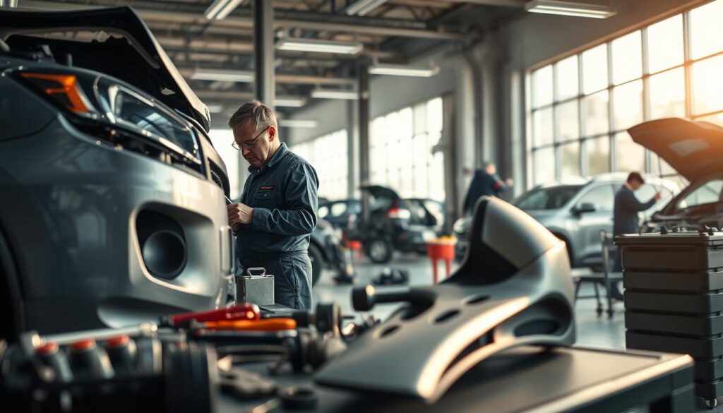 A detailed scene of a car being repaired after a collision, set in a well-lit auto repair shop. In the foreground, a mechanic in professional attire carefully inspects a damaged vehicle, assessing the bodywork with tools in hand. The middle layer shows various tools and spare parts arranged neatly on a workbench, with a focus on a partially disassembled front bumper. In the background, large windows allow natural light to stream in, illuminating a busy work environment with additional mechanics working on other cars. The atmosphere conveys a sense of urgency and focus, highlighting the intricate process of automobile repair. Use soft, warm lighting for an inviting yet industrious mood, shot from a slightly elevated angle to capture the entire scene effectively. A detailed scene of a car being repaired after a collision, set in a well-lit auto repair shop. In the foreground, a mechanic in professional attire carefully inspects a damaged vehicle, assessing the bodywork with tools in hand. The middle layer shows various tools and spare parts arranged neatly on a workbench, with a focus on a partially disassembled front bumper. In the background, large windows allow natural light to stream in, illuminating a busy work environment with additional mechanics working on other cars. The atmosphere conveys a sense of urgency and focus, highlighting the intricate process of automobile repair. Use soft, warm lighting for an inviting yet industrious mood, shot from a slightly elevated angle to capture the entire scene effectively.