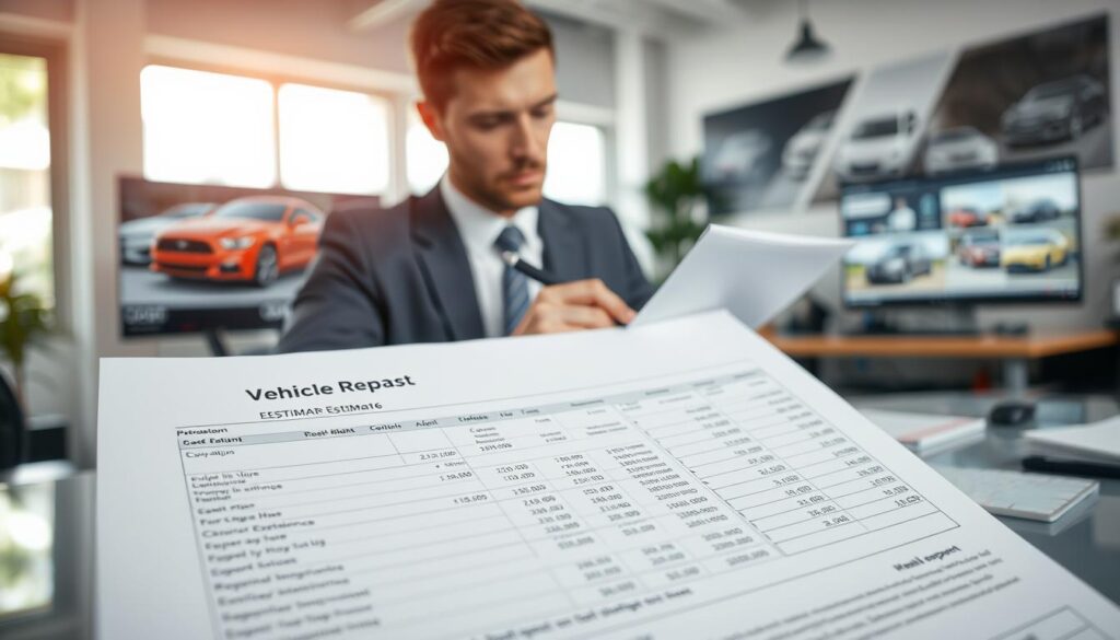 A detailed vehicle repair cost estimate document prominently displayed in the foreground, featuring a breakdown of various repair expenses, charts, and calculations. In the middle ground, a professional business person, dressed in smart business attire, is analyzing the document with a focused expression, holding a pen poised for note-taking. The background shows an office setting with a modern desk, a computer displaying automotive images, and natural light streaming in through a window, creating a bright and motivating atmosphere. The overall mood conveys diligence and professionalism, highlighting the meticulous process of assessing vehicle damage estimates. The image is sharp with a slight focus on the document and the individual, creating a dynamic yet informative composition. A detailed vehicle repair cost estimate document prominently displayed in the foreground, featuring a breakdown of various repair expenses, charts, and calculations. In the middle ground, a professional business person, dressed in smart business attire, is analyzing the document with a focused expression, holding a pen poised for note-taking. The background shows an office setting with a modern desk, a computer displaying automotive images, and natural light streaming in through a window, creating a bright and motivating atmosphere. The overall mood conveys diligence and professionalism, highlighting the meticulous process of assessing vehicle damage estimates. The image is sharp with a slight focus on the document and the individual, creating a dynamic yet informative composition.