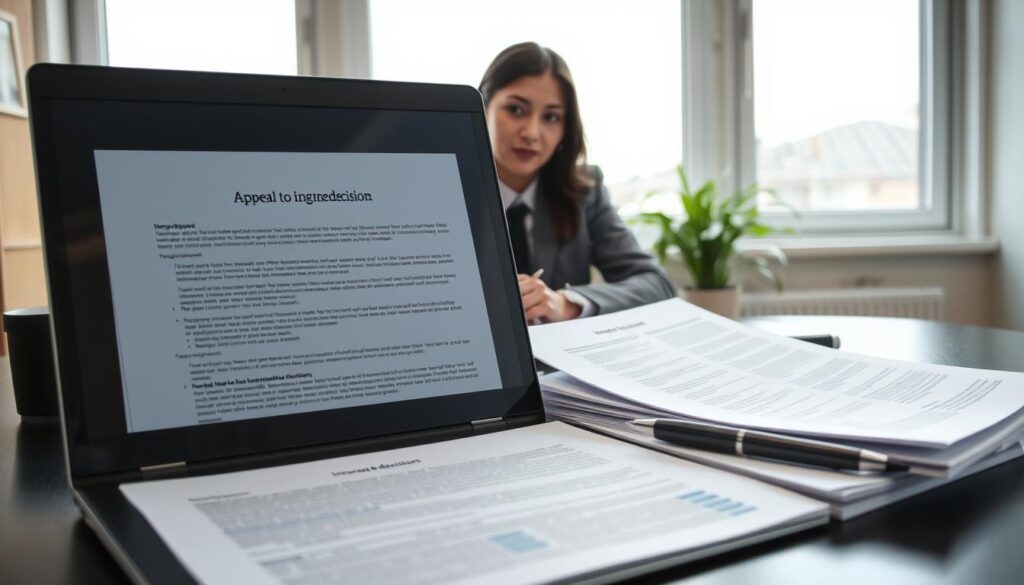 A neatly organized office desk scene set in a brightly lit room. In the foreground, there is an open laptop displaying a detailed document titled "Appeal to Insurance Decision," next to it a stack of papers with highlighted sections and a pen resting on top. In the middle, a person dressed in professional business attire sits before the laptop, intently reviewing the documents, their expression focused and determined. The background features a window with natural light streaming in, casting soft shadows, and a plant on the windowsill that adds a touch of greenery. The mood is serious yet hopeful, reflecting the process of preparing an appeal, emphasizing professionalism and diligence in handling the insurance claim. A neatly organized office desk scene set in a brightly lit room. In the foreground, there is an open laptop displaying a detailed document titled "Appeal to Insurance Decision," next to it a stack of papers with highlighted sections and a pen resting on top. In the middle, a person dressed in professional business attire sits before the laptop, intently reviewing the documents, their expression focused and determined. The background features a window with natural light streaming in, casting soft shadows, and a plant on the windowsill that adds a touch of greenery. The mood is serious yet hopeful, reflecting the process of preparing an appeal, emphasizing professionalism and diligence in handling the insurance claim.