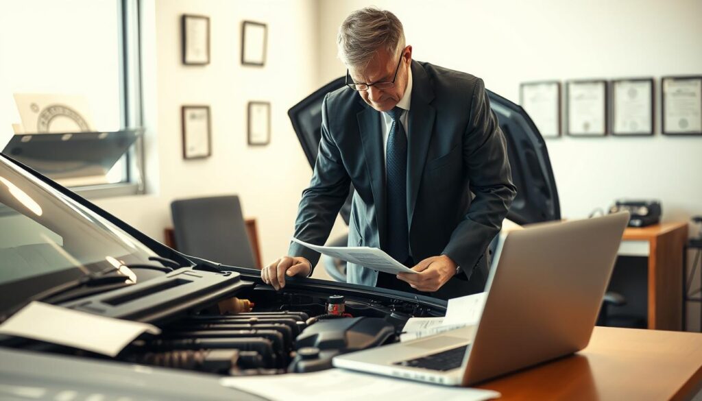 A professional automotive appraiser examining a car in a well-lit office environment. In the foreground, display the appraiser, a middle-aged person in smart business attire, looking intently at vehicle damage reports on a sleek desk cluttered with papers, a laptop, and a laptop. The middle ground features an open car hood revealing intricate engine parts, while the background shows a wall with framed automotive certification diplomas and a large window letting in soft daylight. The atmosphere is serious yet focused, conveying the importance of accurate vehicle assessment in insurance claims. The lighting is bright with a warm tone, highlighting the appraiser's concentration. A shallow depth of field creates a sense of intimacy and seriousness without any distractions. A professional automotive appraiser examining a car in a well-lit office environment. In the foreground, display the appraiser, a middle-aged person in smart business attire, looking intently at vehicle damage reports on a sleek desk cluttered with papers, a laptop, and a laptop. The middle ground features an open car hood revealing intricate engine parts, while the background shows a wall with framed automotive certification diplomas and a large window letting in soft daylight. The atmosphere is serious yet focused, conveying the importance of accurate vehicle assessment in insurance claims. The lighting is bright with a warm tone, highlighting the appraiser's concentration. A shallow depth of field creates a sense of intimacy and seriousness without any distractions.