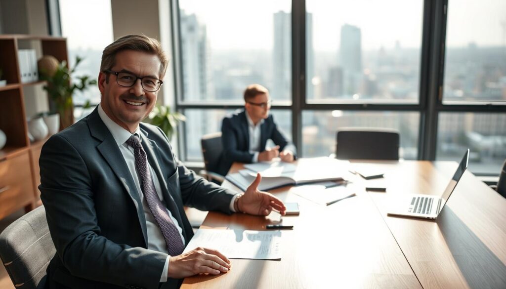 A professional lawyer specializing in compensation claims in Germany, confidently navigating a discussion in a modern office setting. The foreground features the lawyer, a middle-aged individual with a friendly yet authoritative demeanor, dressed in a crisp, tailored suit and tie. In the middle ground, a large wooden desk is cluttered with legal documents and a laptop, emphasizing the serious nature of compensation cases. In the background, a large window offers a view of a cityscape, bathed in soft, natural light that creates a warm and inviting atmosphere. The scene conveys professionalism and trust, set at an angle that highlights both the lawyer and their workspace, suggesting an ongoing conversation about accident claims.