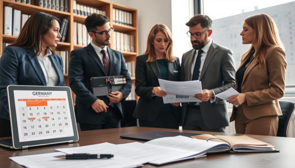 A professional legal office setting featuring a diverse group of individuals in business attire discussing important documents related to compensation claims in Germany. In the foreground, show a neatly arranged desk with legal papers, a laptop displaying a calendar with deadlines highlighted, and a pen. In the middle, capture two people engaged in a serious conversation, one pointing to a document while the other listens intently. In the background, include shelves filled with legal books and a whiteboard with charts explaining claim timelines. Soft, natural lighting from a window creates a focused, serious atmosphere, while a medium camera angle emphasizes the importance of meeting deadlines in the compensation process. A professional legal office setting featuring a diverse group of individuals in business attire discussing important documents related to compensation claims in Germany. In the foreground, show a neatly arranged desk with legal papers, a laptop displaying a calendar with deadlines highlighted, and a pen. In the middle, capture two people engaged in a serious conversation, one pointing to a document while the other listens intently. In the background, include shelves filled with legal books and a whiteboard with charts explaining claim timelines. Soft, natural lighting from a window creates a focused, serious atmosphere, while a medium camera angle emphasizes the importance of meeting deadlines in the compensation process.