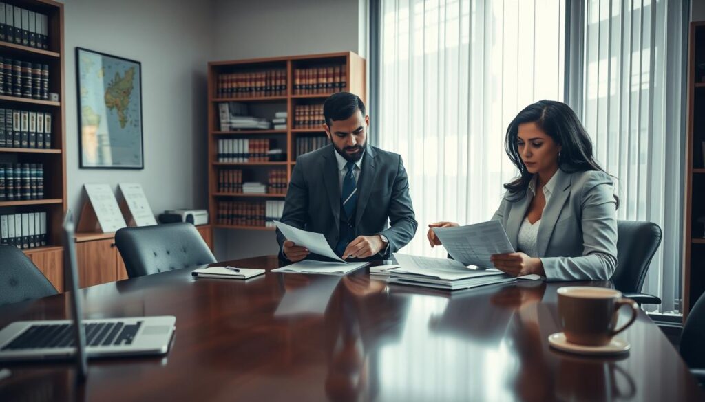 A professional office environment depicting a serious discussion about an insurance claim dispute. In the foreground, a diverse group of three individuals dressed in business attire are gathered around a conference table, reviewing documents and analyzing charts. One person is pointing at a document, while another takes notes with a concerned expression. The middle layer features a large window with natural light streaming in, casting soft shadows on the polished wooden table. In the background, a bookshelf filled with legal books and insurance reports adds depth. The atmosphere is tense yet focused, emphasizing the importance of the discussion. Use warm, neutral lighting to create a professional yet inviting vibe. Include subtle details like a laptop and coffee cups on the table. A professional office environment depicting a serious discussion about an insurance claim dispute. In the foreground, a diverse group of three individuals dressed in business attire are gathered around a conference table, reviewing documents and analyzing charts. One person is pointing at a document, while another takes notes with a concerned expression. The middle layer features a large window with natural light streaming in, casting soft shadows on the polished wooden table. In the background, a bookshelf filled with legal books and insurance reports adds depth. The atmosphere is tense yet focused, emphasizing the importance of the discussion. Use warm, neutral lighting to create a professional yet inviting vibe. Include subtle details like a laptop and coffee cups on the table.