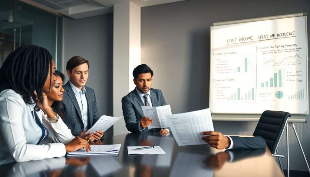 A professional office setting depicting a focused business meeting. In the foreground, a diverse group of three individuals, dressed in business attire, are gathered around a sleek conference table as they review financial documents and charts highlighting lost income after an accident. The middle ground features a large window with soft natural light pouring in, illuminating the room in a warm tone. In the background, a whiteboard displays graphs and notes related to compensations and expenses, reinforcing the discussion topic. The atmosphere is serious yet collaborative, emphasizing the importance of understanding financial impacts post-accident. The camera angle is slightly above eye level, providing a clear view of the participants’ engaged expressions and the documents they are examining. A professional office setting depicting a focused business meeting. In the foreground, a diverse group of three individuals, dressed in business attire, are gathered around a sleek conference table as they review financial documents and charts highlighting lost income after an accident. The middle ground features a large window with soft natural light pouring in, illuminating the room in a warm tone. In the background, a whiteboard displays graphs and notes related to compensations and expenses, reinforcing the discussion topic. The atmosphere is serious yet collaborative, emphasizing the importance of understanding financial impacts post-accident. The camera angle is slightly above eye level, providing a clear view of the participants’ engaged expressions and the documents they are examining.